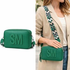 Green SM Logo Camera Bag PU Leather Crossbody Small Square Shoulder Bag